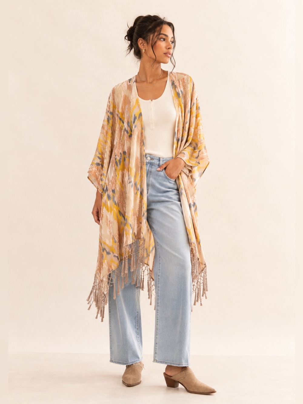 Free People Dripping Velvet Burnout Fringe Kimono Mellow Yellow Sz OS